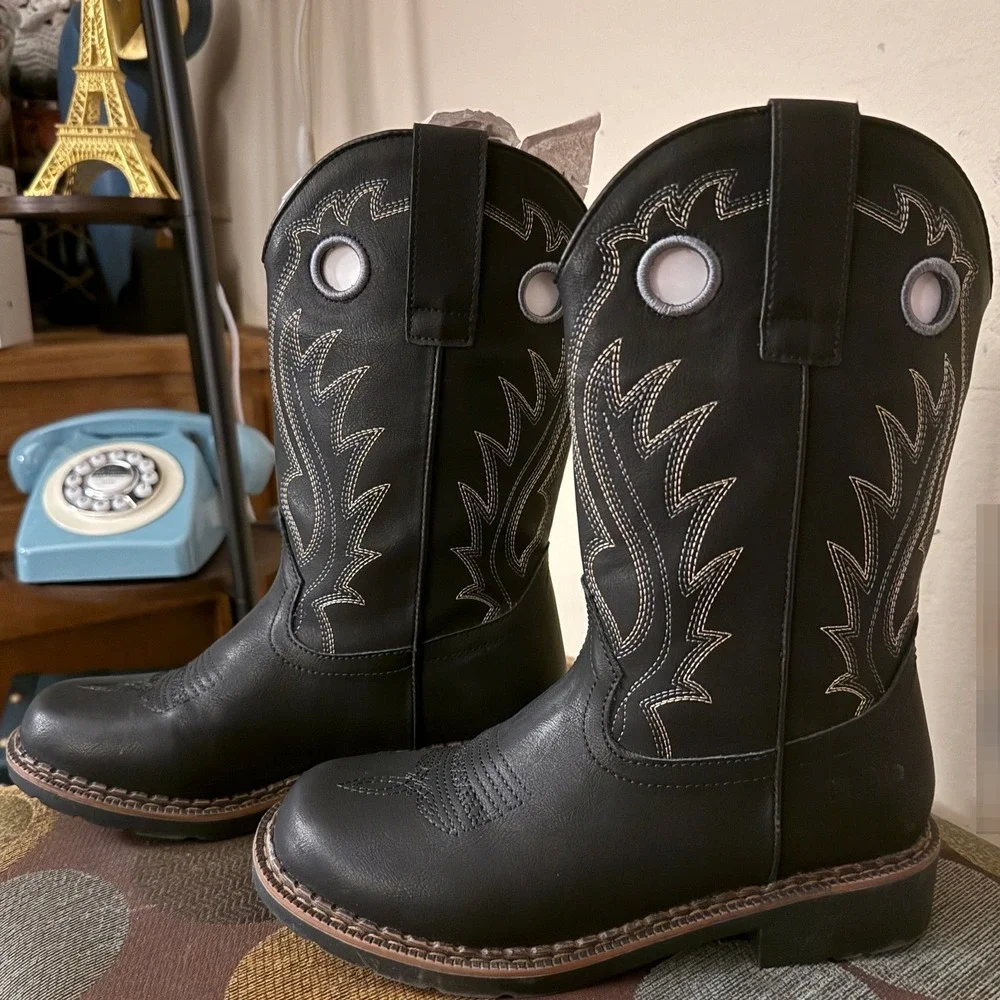 Rollda Western Cowboy Boots Childrens Size 4LK Black Contrast Stitch NZX39